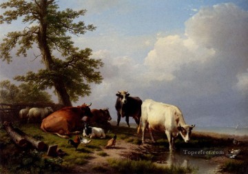 Eugene Joseph Verboeckhoven Painting - Animals Grazing Near The Sea Eugene Verboeckhoven cattle